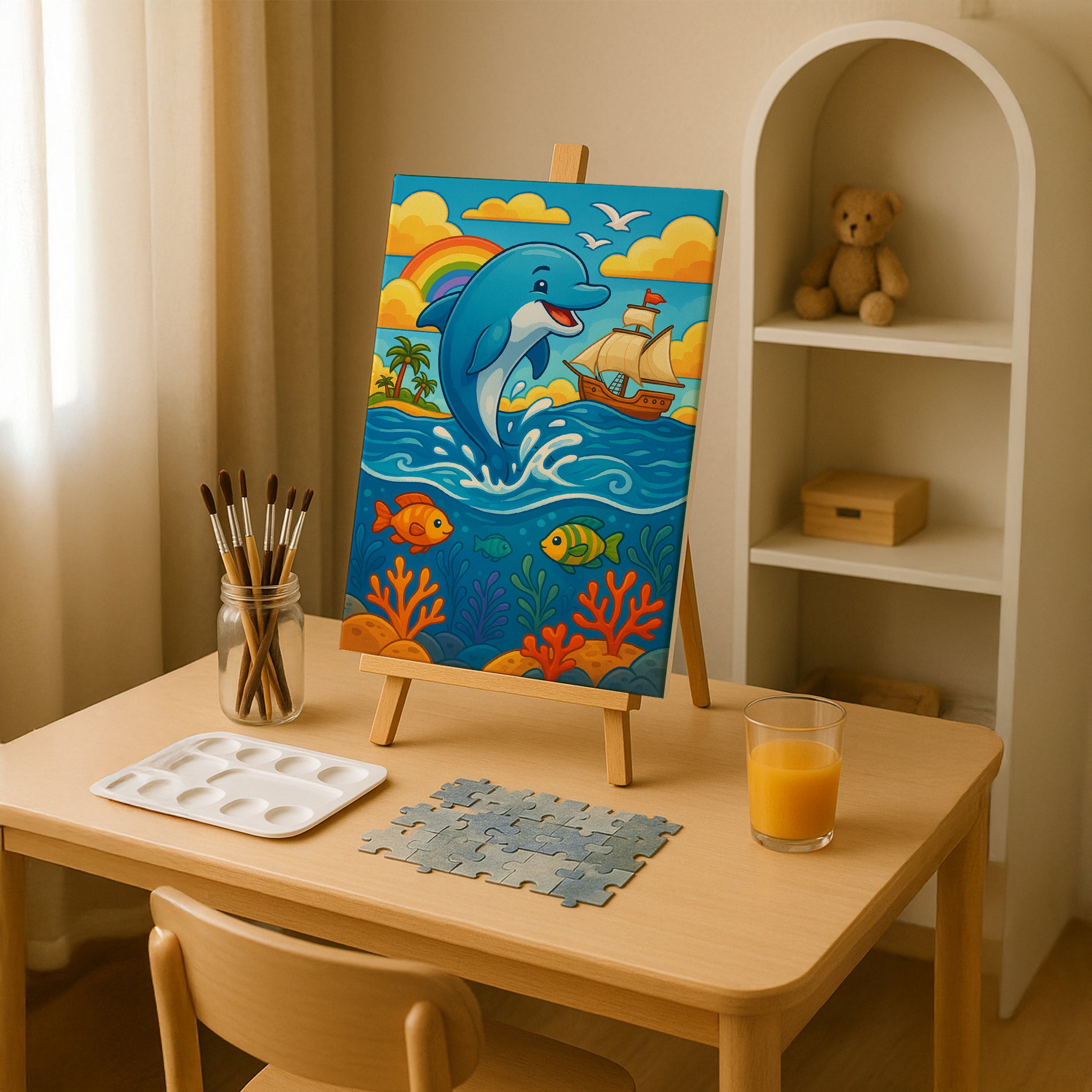 Friendly Dolphin Splash with Mini Ship Paint by Numbers Kit